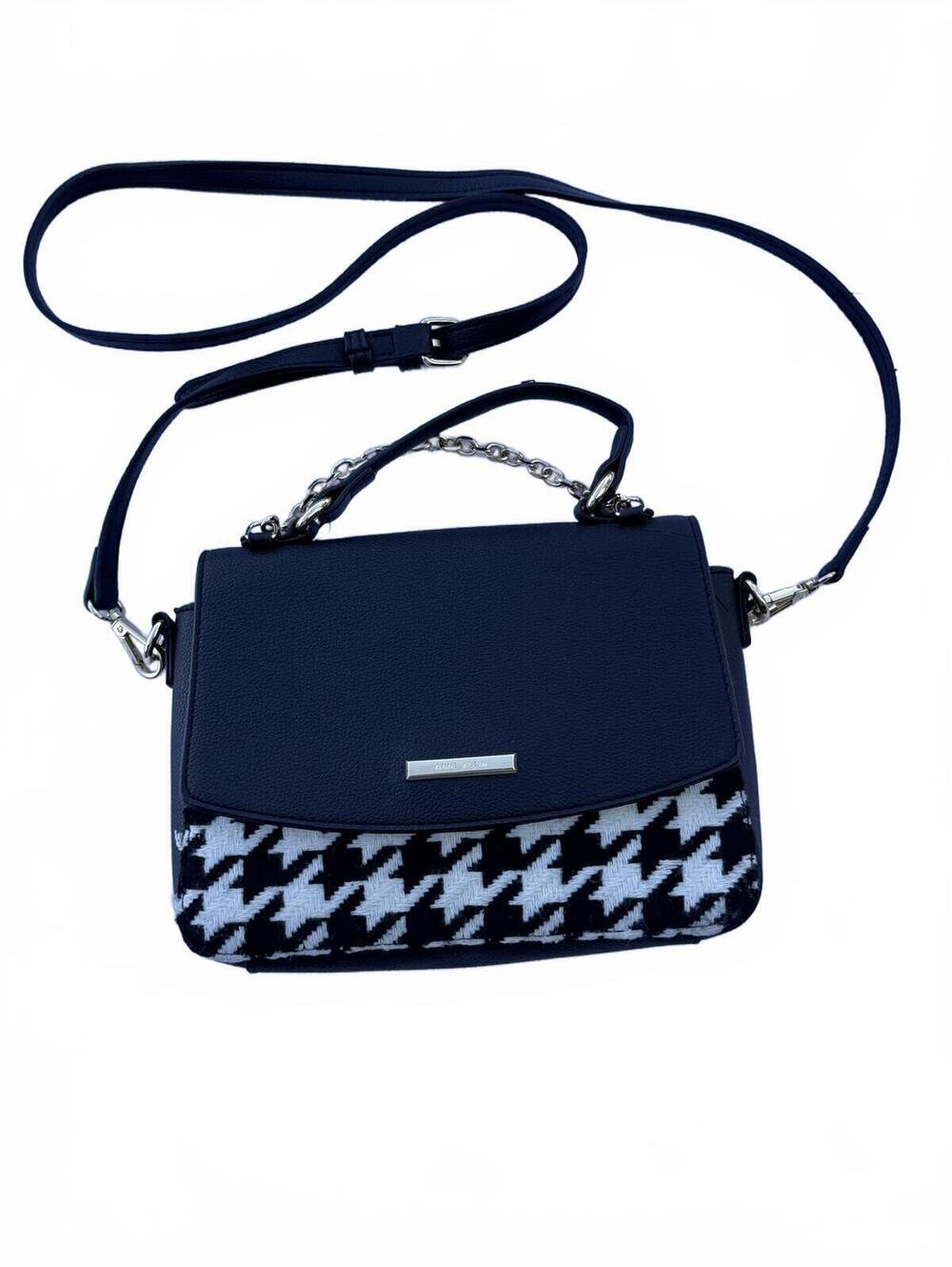 Anne Klein Navy Houndstooth Crossbody Satchel Top Handle Bag Silver Hardware Y2K